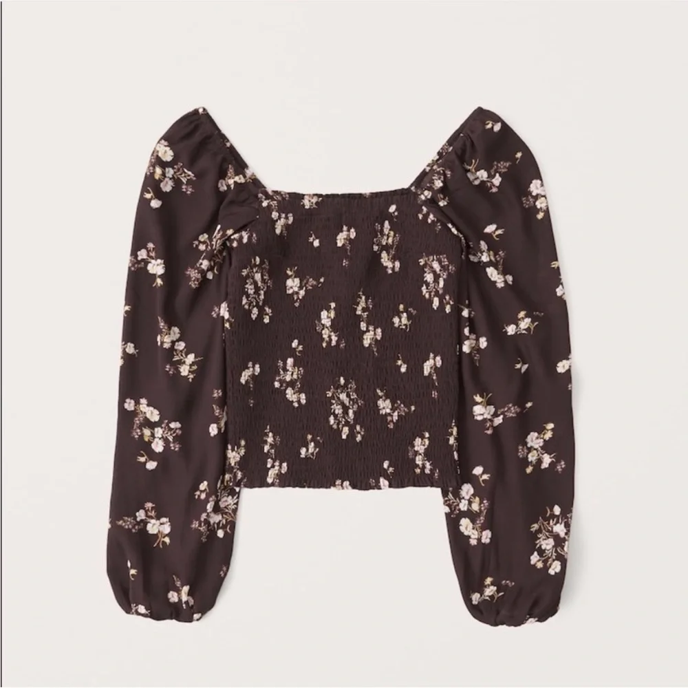 Abercrombie & Fitch dark brown floral print smocked puff sleeve top XS